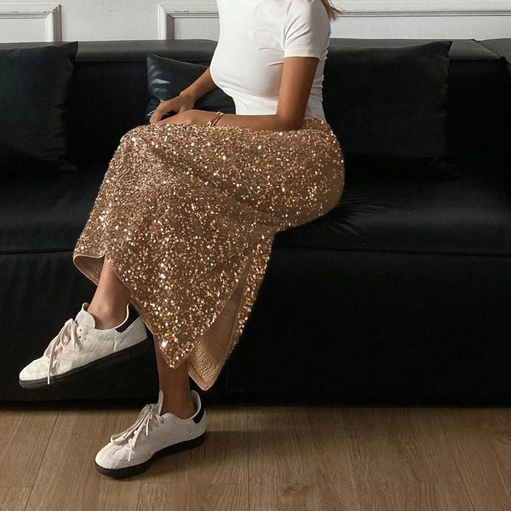 Khaki Party Women's Sequin Slit Skirt